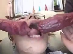 Asian bitch enjoying her two animal sex toys